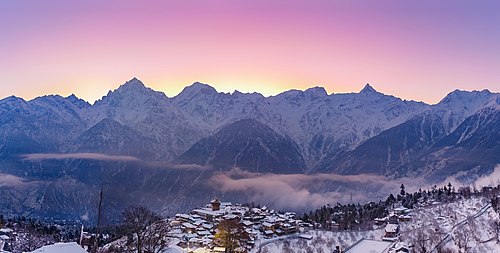 The Kinner Kailash range and the town of Kalpa.