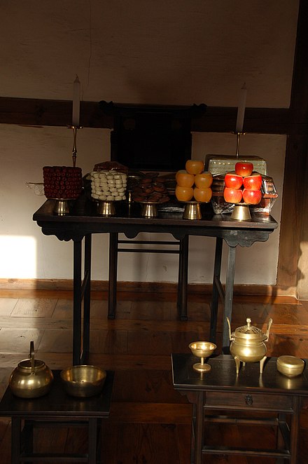 A jesasang (제사상), literally "death anniversary table" – a table used in Korean death anniversary ceremonies