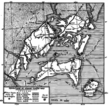 Černobílá mapa ukazující umístění zátoky Kouang-Tchéou-Wan na poloostrově Leizhou.