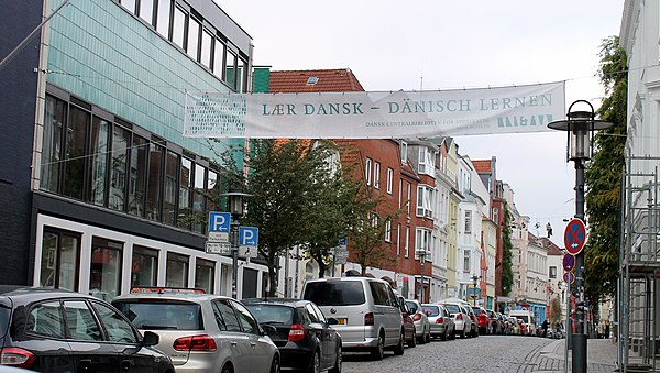 Learn Danish banner in Flensburg, Germany, where it is an officially recognized regional language