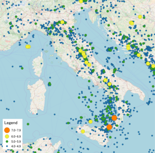 Lokacije potresa u Italiji 1900.-2017.