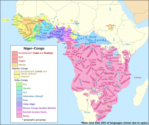 Map showing the distribution of major Niger–Congo languages. Pink-red is the Bantu subfamily.