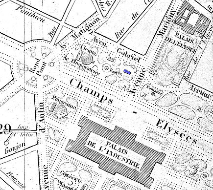 The Folies-Marigny (blue) on an 1869 map of Paris Map with the Salle Lacaze (blue) on the Carre Marigny of the Champs-Elysees in Paris 1869 - U Chicago.jpg
