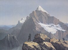 A Romantic veduta of Mount Triglav by the Carinthian Slovene painter Markus Pernhart. In the Romantic era, Triglav became one of the symbols of Slovene identity. Markus Pernhart - Triglav III.jpg