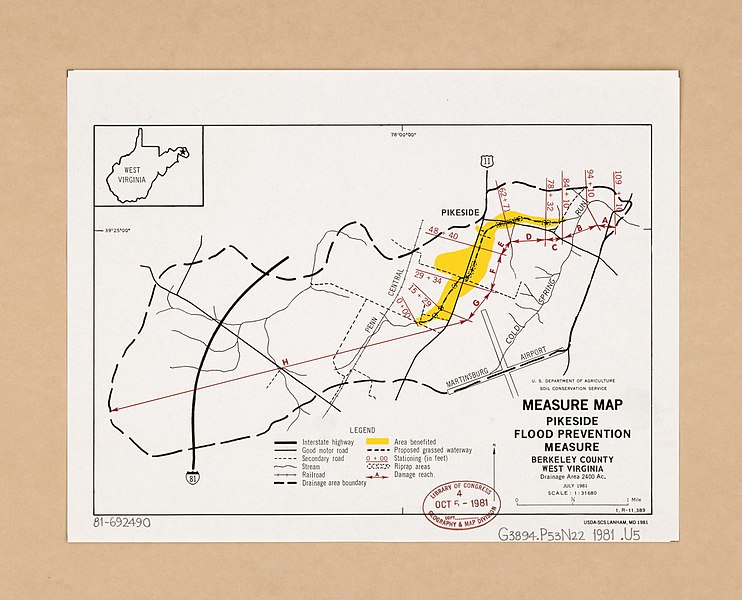 File:Measure map, Pikeside flood prevention measure, Berkeley County, West Virginia - drainage area 24000 ac. - July 1981 - scale 1-31680 LOC 81692490.jpg