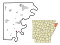 This map shows the incorporated and unincorporated areas in Mississippi County, Arkansas, highlighting Wilson in red. It was created with a custom script with US Census Bureau data and modified with Inkscape.