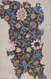 Evenlode de William Morris, 1883. Motif pour une impression au bloc de bois sur textile, montrant la complexité des blocs utilisés pour répéter les motifs.