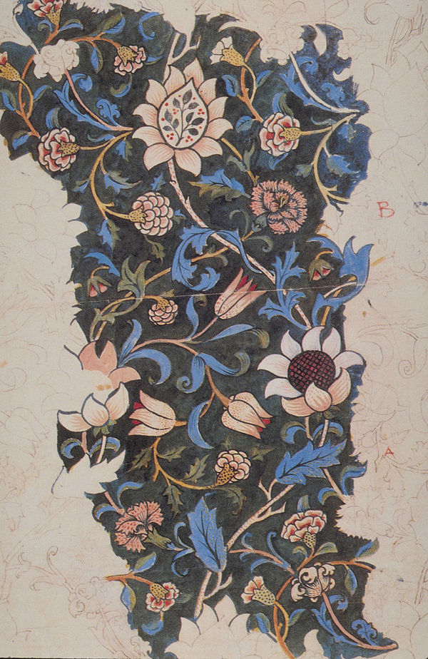 Design for a hand woodblock printed textile, showing the complexity of the blocks used to make repeating patterns. Evenlode by William Morris, 1883.