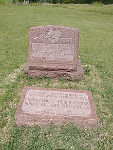 A memorial to the four ATF agents killed in the February 28 raid on the Mount Carmel Center Mt Carmel Center ATF memorial, 2022.jpg