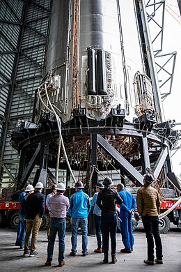 Underside of a Super Heavy booster prior to engine installation NASA Marshall visit to Super Heavy booster.jpg