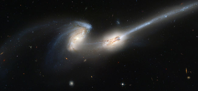 NGC 4676 veya Fareler Gökadaları, Berenis'in Saçı takımyıldızı yönünde bulunan etkileşen iki sarmal gökada. Kütleçekim etkilerinin birbirlerinde oluşturdukları uzun kuyruklar nedeniyle bu isim verilmiştir. Çarpışma ve birleşme sürecindeki gökadalar yaklaşık olarak 290 milyon ışık yılı uzaklıktadırlar. (Haziran, 2004)(Üreten:NASA, H. Ford)