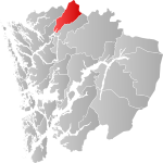 Mapa do condado de Hordaland com Modalen em destaque.