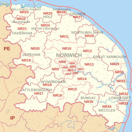 NR postcode area map, showing postcode districts in red and post towns in grey text, with links to nearby IP and PE postcode areas. NR postcode area map.svg