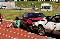 The aftermath of a drunk driving car crash is simulated as part of an anti-drunk driving campaign for California high school students. Nevadaunion.jpg