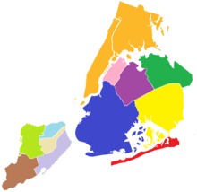 The municipalities of modern-day New York City just before consolidation, excluding villages.
New York County:
.mw-parser-output .legend{page-break-inside:avoid;break-inside:avoid-column}.mw-parser-output .legend-color{display:inline-block;min-width:1.25em;height:1.25em;line-height:1.25;margin:1px 0;text-align:center;border:1px solid black;background-color:transparent;color:black}.mw-parser-output .legend-text{}
City of New York
Kings County:
City of Brooklyn
Queens County:
Long Island City
Town of Elmhurst
Town of Flushing
Town of Jamaica
Town of Hempstead (part)
Richmond County:
Town of Castleton
Town of Middletown
Town of Southfield
Town of Westfield
Town of Northfield New York City 1897.png