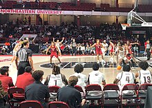 Mathews Arena converted for basketball for a Northeastern Huskies men's basketball game. NortheasternMBBvsHarvard Nov2022.jpg