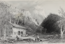 Drawing by W. H. Bartlett of the Notch House, Crawford Notch. Built by Ethan Crawford around 1828 and managed by his brother, Thomas. This is, according to Dona Brown, "One of the best-known images of the White Mountains, combining the looming grandeur of the mountains with old-fashioned comfort and cheer." Notch House, Crawford Notch, White Mountains, New Hampshire.png