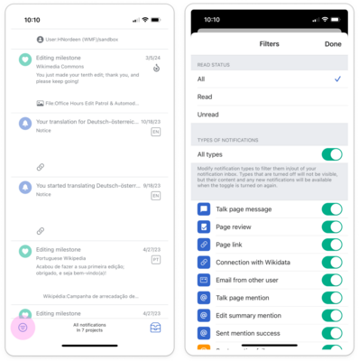 Two screenshots from the Wikipedia iOS app: on the left is an image of a notifications inbox with a the filter highlighted in pink. On the right is the Filter screen, with options to filter for Read Status, and types of notifications
