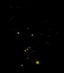 Stars of the constellation by distance (red-green 3D view) and the brightness of each star (star size) Orion 3D red-green.png