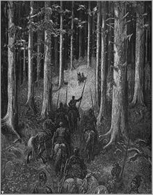 Gustave Dore's illustration to Orlando Furioso: a knight and his men see a knight and lady approach in the forest Orlando Furioso 60.jpg