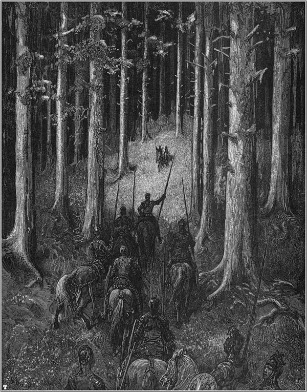 Illustration by Gustav Dore to Orlando Furioso: Rinaldo and his men see a knight and lady approach