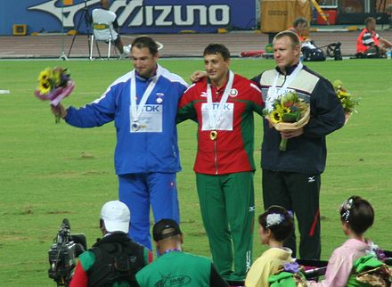 World Athletics Championships 2007 in Osaka – Victory Ceremony for Hammer Throw with winner Ivan Tsikhan (middle)