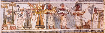 Scene on the "front" side of the Hagia Triada sarcophagus, with offerings Painting on limestone sarcophagus of religious rituals from Hagia Triada - Heraklion AM - 01 (cropped).jpg