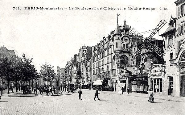 Paris Montmartre, ca.1900, Le Boulevard de Clichy et le Moulin-Rouge, 18th arrondissement of Paris. The Académie de La Palette, 104 Bld de Clichy, wou