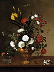 Strauß mit weißen und roten Rosen und Nelken und gelber Iris in einer Metallvase und eine Glasschale mit Ringelblume (Teil eines Paares), signiert und datiert 1663, Öl auf Leinwand, 77 × 58 cm, Prado, Madrid