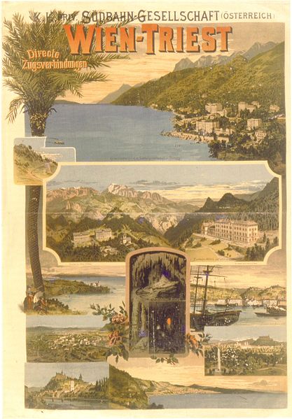 Plakat der Südbahngesellschaft von 1898 mit Ansichten der österreichischen Riviera