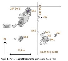 Plot of regional DSS ilmenite grain counts in the Jwaneng diamond mine