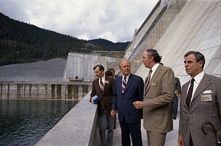 President Gerald R. Ford and Canadian Minister of Energy, Mines, and Resources Donald S. Macdonald With Others on the Observation Deck at Libby Dam in Libby, Montana - NARA - 23898519.jpg