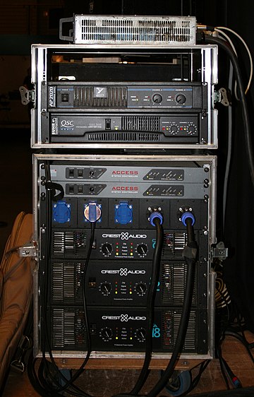 Five rack-mounted audio power amplifiers used in a sound reinforcement system.