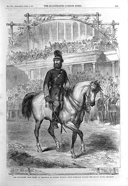 Thomas Heron Jones, 7th Viscount Ranelagh leading the Volunteer gathering in Brighton, 1863, depicted in the Illustrated London News