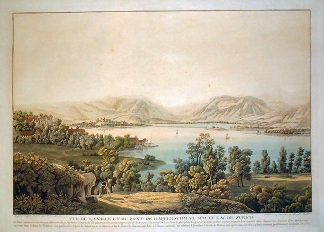 Rapperswil, Kempraten, Holzbrücke Rapperswil-Hurden and upper Lake Zürich (1791)