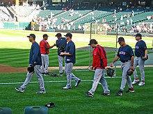 Pitchers Josh Beckett, Jon Lester, Eric Gagne, pitching coach John Farrell, and Schilling prior to a 2007 Red Sox game at Safeco Field Redsoxpitchers.jpg