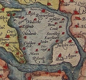 Selected part of the map "Zelandicarum Insularum Exactissima Et Nova Descriptio, Auctore D. Iacobo A Daventria" showing the drowned land of Reimerswaal Reijmerswale 1580 map.jpg