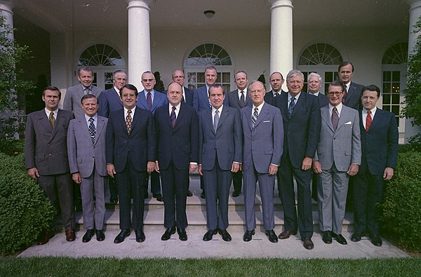 Weinberger in a group photo of Nixon's cabinet on June 16, 1972, far right in the front row.