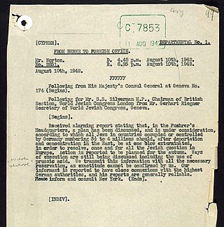 <span class="mw-page-title-main">Riegner Telegram</span> Communique on the Holocaust