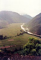 Irrigation of crops in Urubamba River Valley