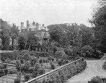 The grounds of James Ross house, Peel Street, 1926-27. In 1953, the city extended McGregor Street through these gardens Ross gardens, behind Peel Street, Montreal; 1926-27.jpg