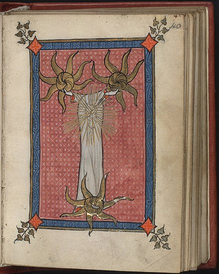 Meditative mystical image of the Trinity, from the early 14th-century Flemish Rothschild Canticles, Yale Beinecke MS 404, fol. 40v.