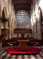 The nave viewed from the chancel looking west, the canopied pulpit can be seen on the left and the chancellor's throne under the west gallery in the distance SMV Nave.jpg