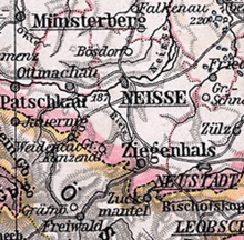 Stadt Neisse am Fluss Neiße auf einer Landkarte von 1905