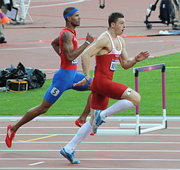 Emir Bekric raced against Puerto Rico's Javier Culson in the semifinal heats. Semi2Finale 1 400hurdlesLondon2012 2.JPG