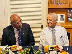 Rabuka (left) and Chaudhry (right) attending a dinner prior to the election. Sitiveni Rabuka and Mahendra Chaudhry 2022.jpg