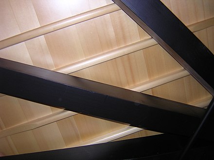This view of the underside of a 182 cm (6-foot) grand piano shows, in order of distance from viewer: softwood braces, tapered soundboard ribs, soundboard. The metal rod at lower right is a humidity control device.