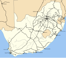 The rail network of South Africa South Africa rail network map with cities.svg