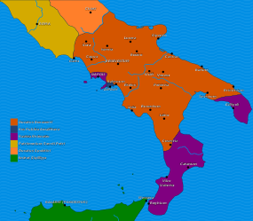 South Italy Before 851 AD and Benevento to its maximum extent.svg