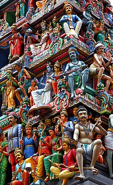 Ornate details on the entrance tower of Sri Mariamman Hindu Temple, Singapore. Sri Mariamman Temple Singapore 3 amk.jpg